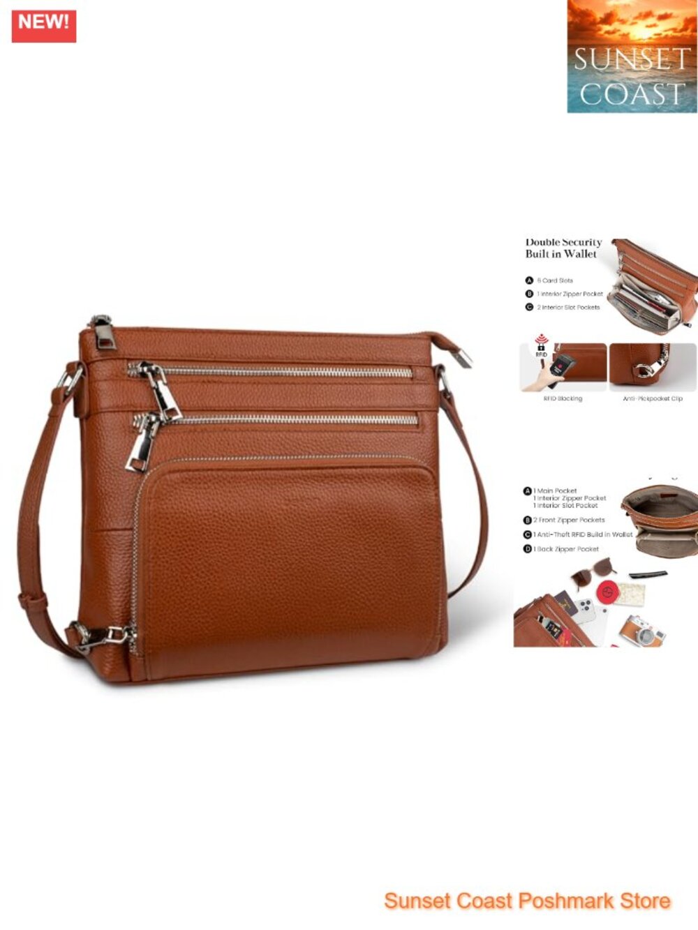 Genuine Leather Crossbody Bag Anti-Theft RFID Wallet Travel Purse